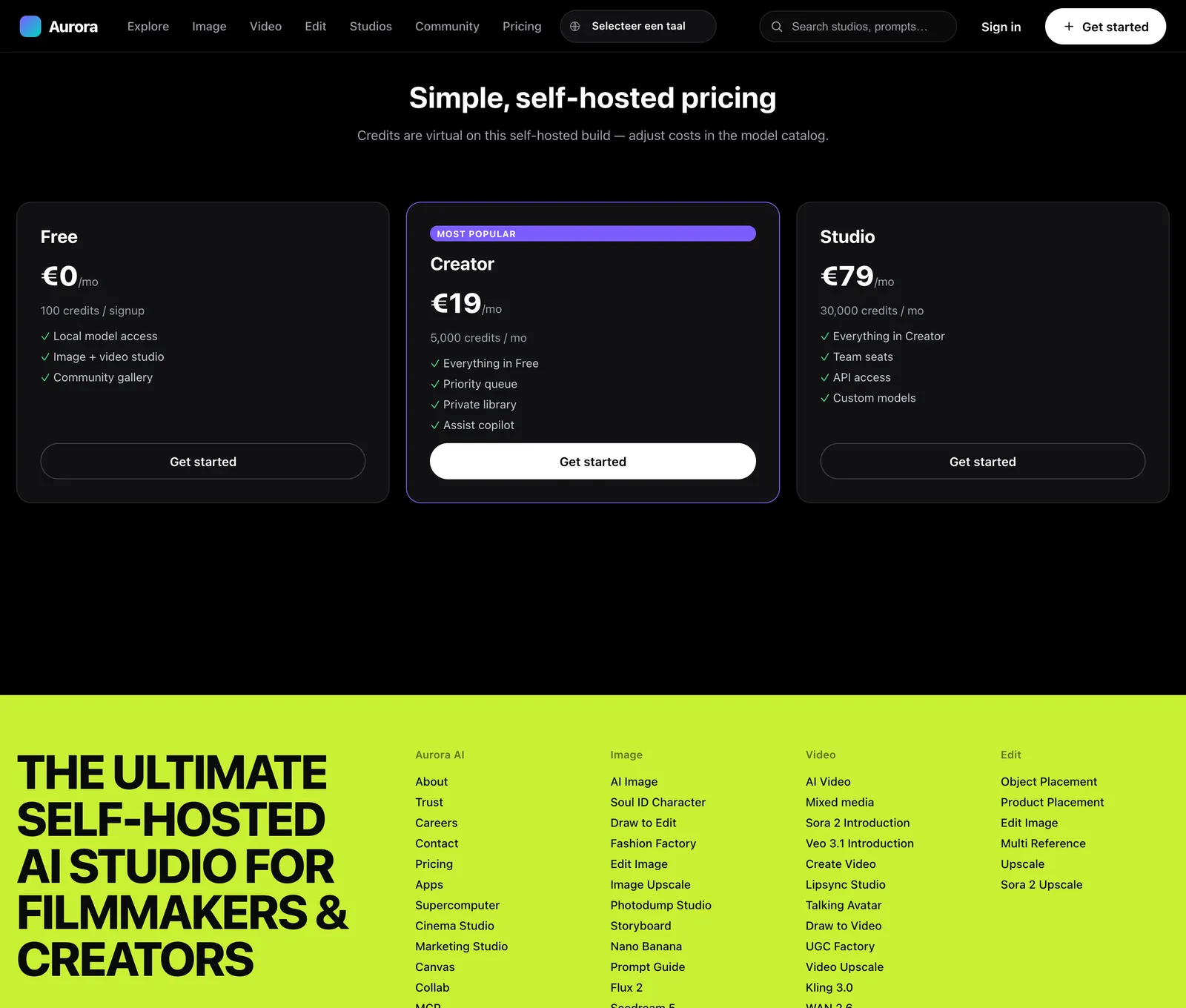 Aurora AI paketler sayfası