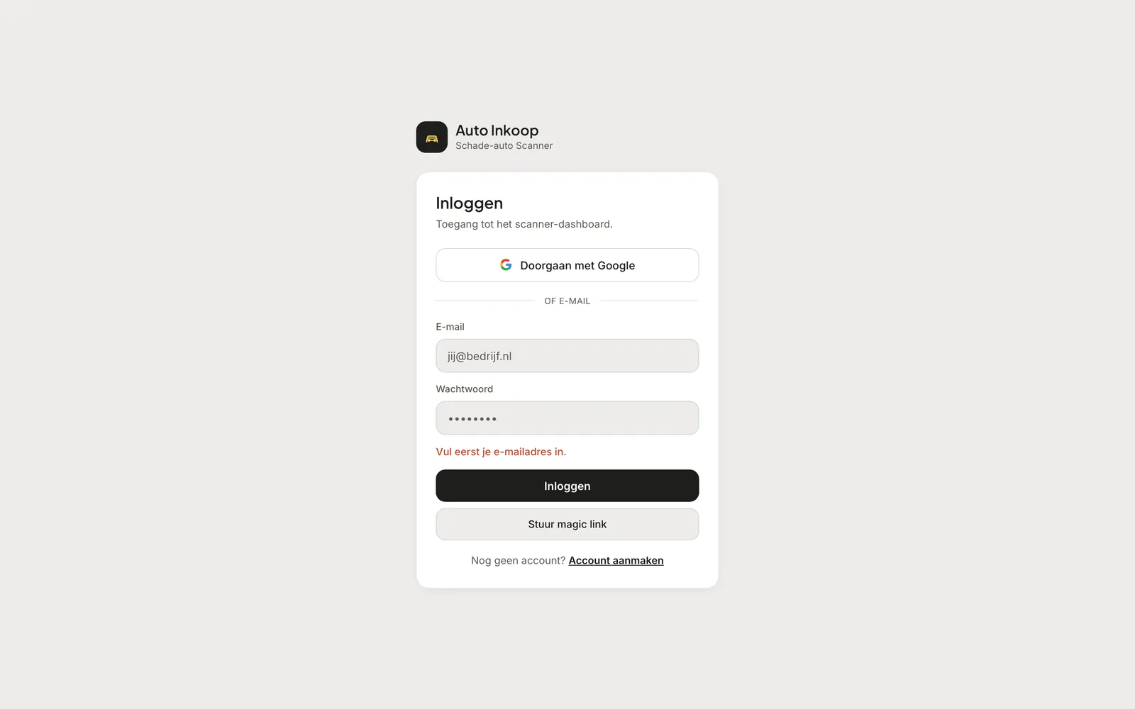 Auto Inkoop AI şifresiz giriş ekranı