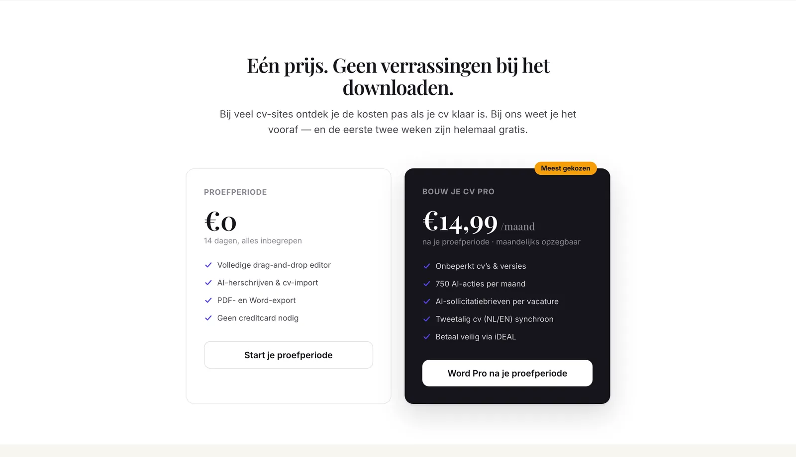 Bouw je CV fiyat sayfası