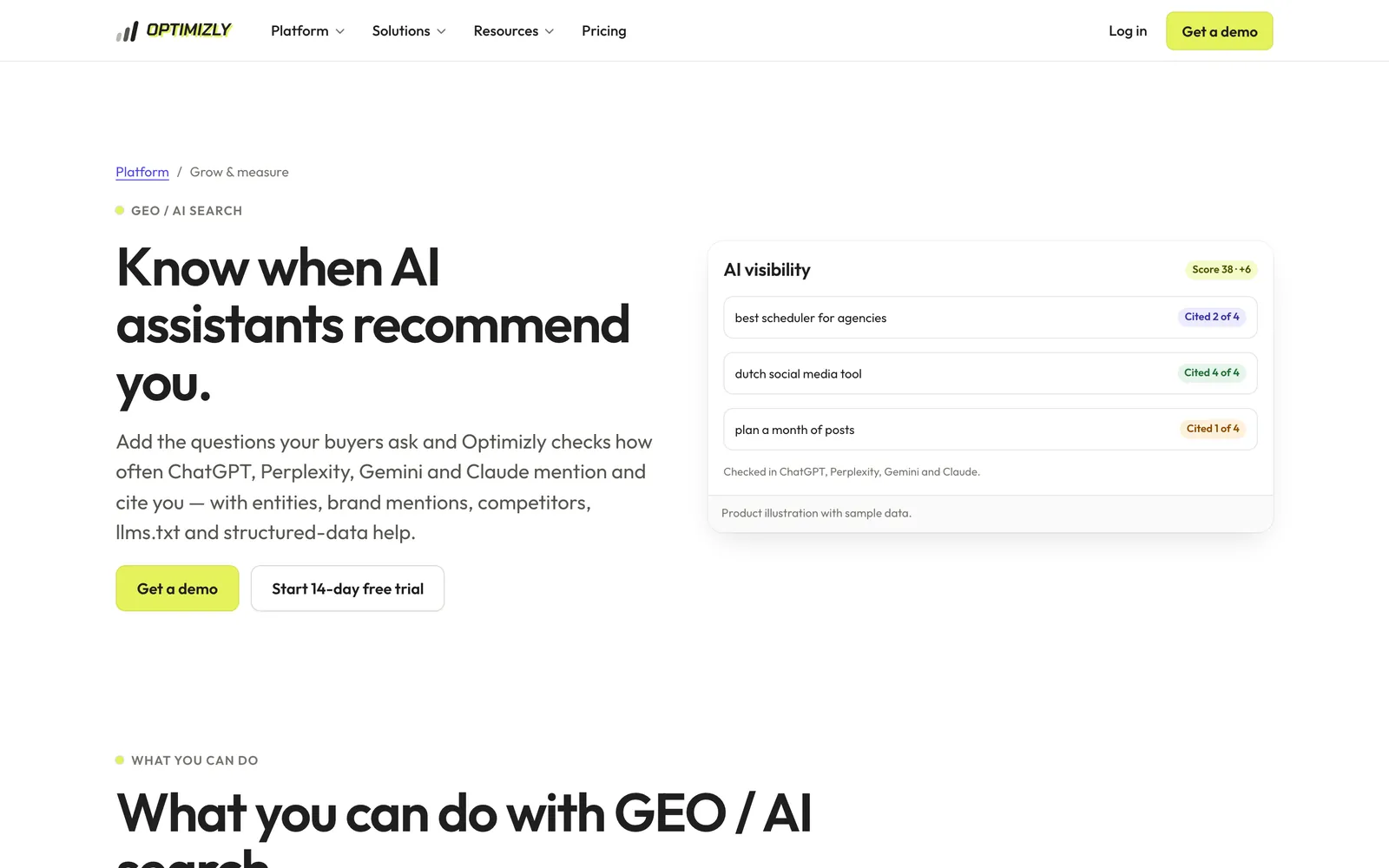 Optimizly yapay zekâ araması görünürlüğü sayfası