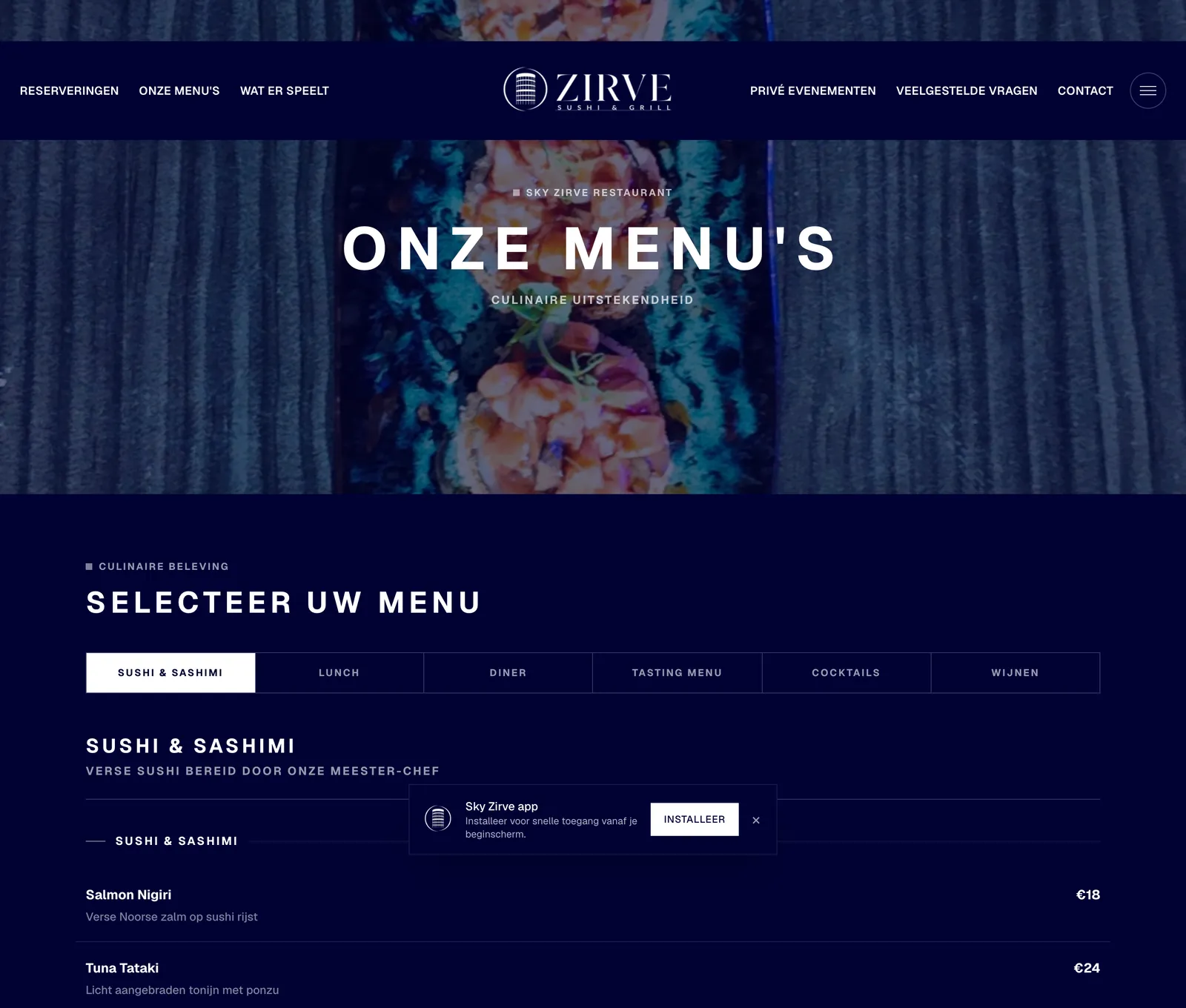 Sky Zirve menüler sayfası