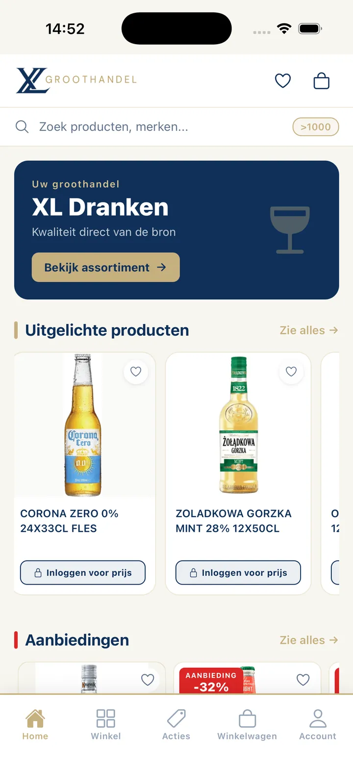 XL Groothandel mobil uygulaması ana ekranı